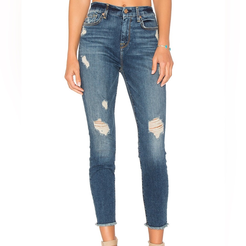 7 For All Mankind Distressed Ankle Skinny Jeans in Serratoga Bay